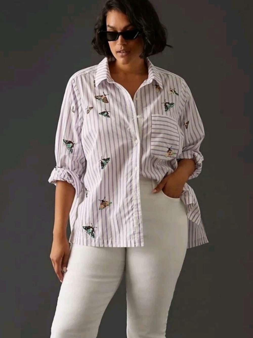 Maeve Anthropologie Butterfly Moth button down shirt lilac blue pinstripe small
